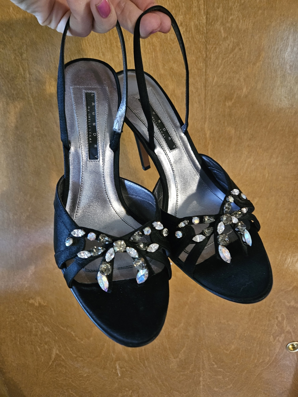 Laundry By Shelli Segal Black Satin Slingback 4 inch Heels with Crystal Accents